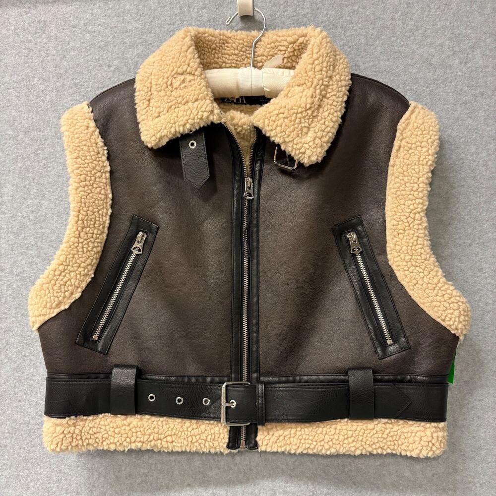 ZARA Cropped Aviator Moto Vest M Brown Faux Leather Shearling Belted